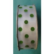 Лента атласная 2.5 см белая в горошек зеленый 22 метра Арт 130.112462