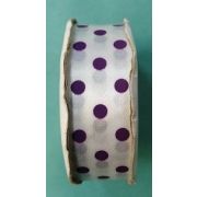 Лента атласная 2.5 см белая в горошек фиолетовый 22 метра Арт 130.112462
