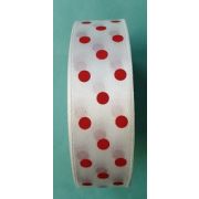 Лента атласная 2.5 см белая в горошек красный 22 метра Арт 130.112462