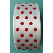 Лента атласная 4.0 см белая в горошек красный 22 метра Арт 225.1124